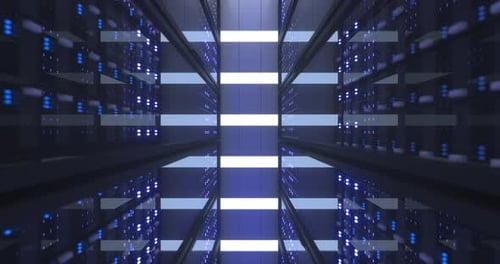 Data Center Computer Racks In Network Security Server Room or Cryptocurrency Mining Farm