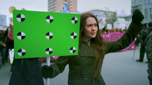 Girl Go Against Crowd People. Scream and Wave Hand. Activism Street City Square.