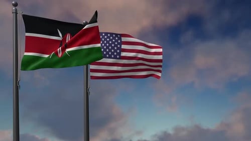 Kenyan and American Flags Waving Against a Dynamic Sky