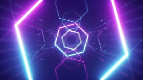 Flying Through Glowing Neon Lines Creating a Tunnel
