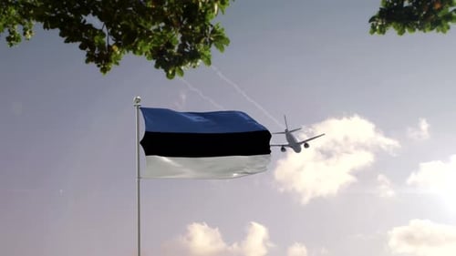 Estonian Flag Waving with Airplane Flying Over Modern City Skyline