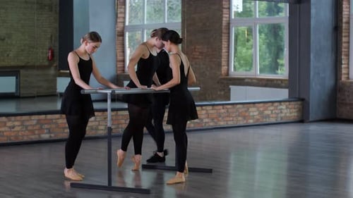 Young Women Practice Ballet at Barre in Studio