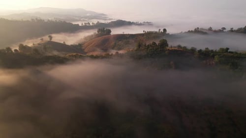 4K Aerial view of Mountains landscape with morning fog.