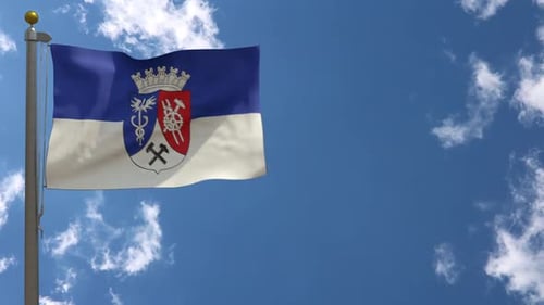 Waving Blue and White Flag with Ornate Coat of Arms