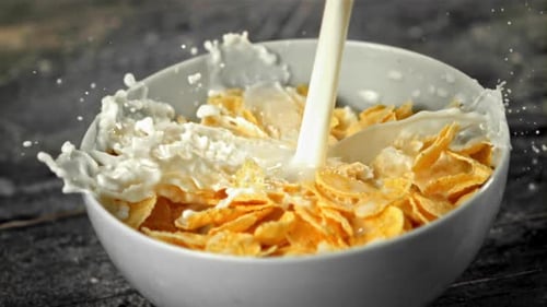 Super Slow Motion Stream Milk Pours Into a Plate of Cornflakes