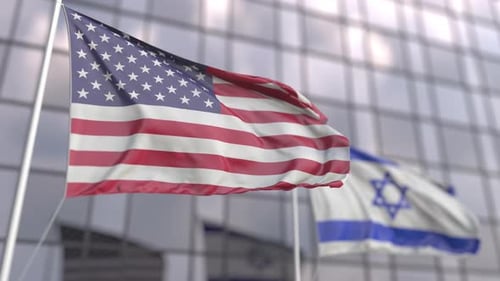 Flags of the USA and Israel in Front of a Skyscraper Facade