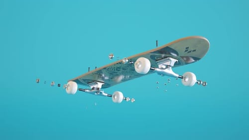 Skateboard assembly process. Elements of the board combining in order. Render 4k