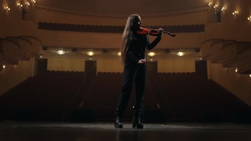 Woman Fiddler is Playing Violin in Philharmonic Hall Dark Silhouette on Scene