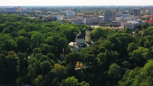 Park Ensemble with the Cathedral of Saints Peter and Paul in the City of Gomel. Aerial View