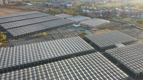 Aerial View of Greenhouses near Small Village