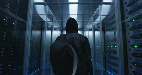 Un pirate informatique avec un sac à dos parcourant les rangées de serveurs rack
