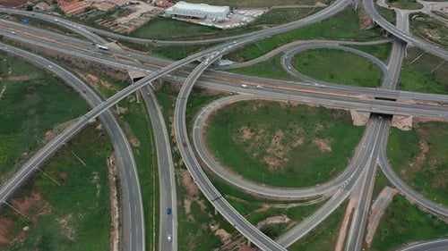 Aerial Drone Accent Large Road Intersection Highway From High Altitude, Modern City Traffic Car Move