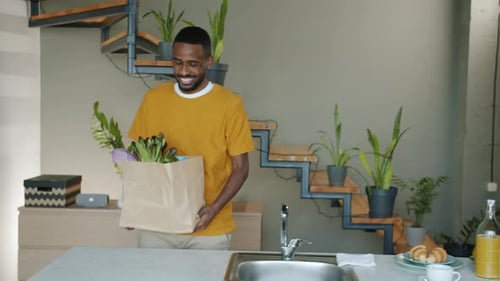 Young Man Carries Groceries into Kitchen