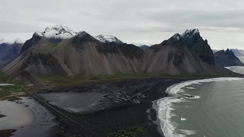 Drone Over Black Sand Beach Towards Vestrahorn Mountain
