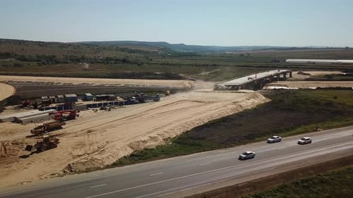 Aerial View of Construction Of Highways . Road Construction Machinery
