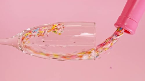 Colorido dulce de confitería vertido en una copa de vino sobre fondo rosa