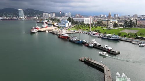 Aerial view of International Marine Station pier in Batumi city. Georgia