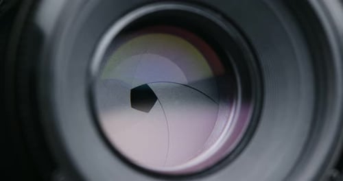 Camera Lens Diaphragm Opening and Closing in Macro View