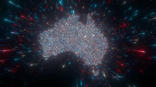 Futuristic Digital Australia Map with Glowing Particle Trails
