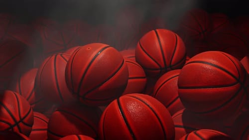 Dynamic Red Basketballs Pile with Moving Light Rays