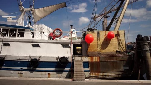Fischerboot geparkt mit herumfliegenden Möwen