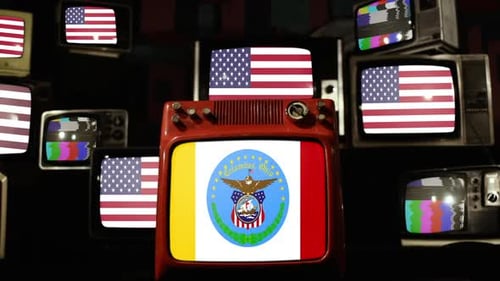 Vintage Televisions Displaying USA and Columbus Flags