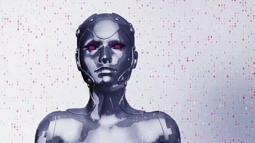 Representación de la inteligencia artificial de un robot Android humanoide e inmortalidad digital