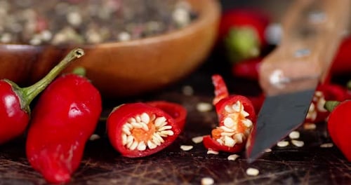 Chili Peppers, Spice, and Knife Close Up