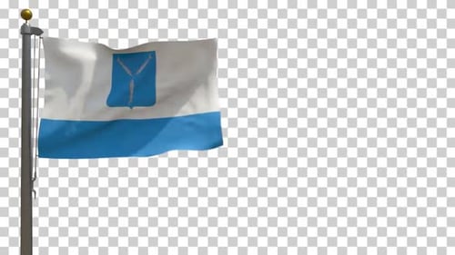 Waving Flag With Blue And White Design And Fish Emblem