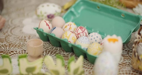 Vibrantly Decorated Easter Eggs on Table