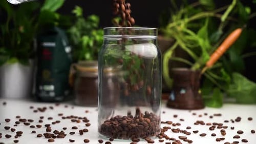 Coffee Beans Falling into Glass Jar Container