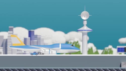 3D-Render-Mini-Cartoon-Aeroport mit fliegenden Flugzeugen und verschiedenen sich bewegenden Fahrzeugen