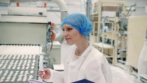Candy Factory. Controller Checking Conveyor with Candies.