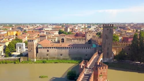 Verona, Italy: Aerial view of Castelvecchio Bridge (Ponte di Castelvecchio) and Castelvecchio Castle