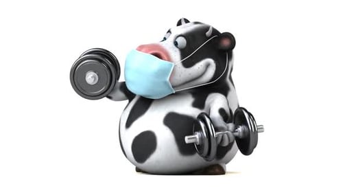 3D Cartoon Cow in Mask Exercising with Dumbbells Animation