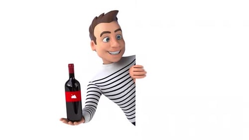 3D Cartoon Man Presenting Wine Bottle on Blank Panel