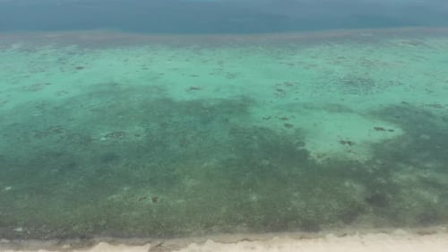 Vue aérienne : survol d'une plage tropicale désertique de l'archipel des Moluques, Indonésie