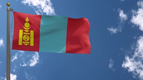 Realistic Mongolia Flag Waving in Blue Sky with Clouds