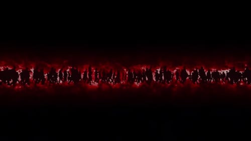 Crowd Silhouettes Walk in the Fire