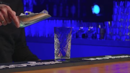 Bartender Adds Ice to Glass in Bar Setting