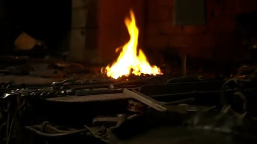 Industrial Furnace Flames Burning in Blacksmith Workshop