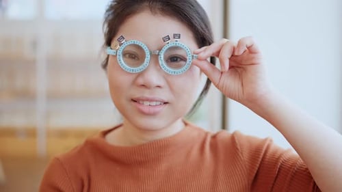 Woman Wearing Optometry Trial Frame for Eyesight Exam