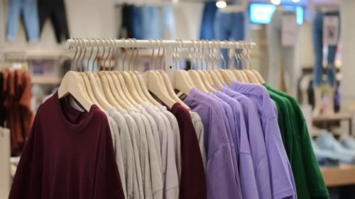 Shopping in a Popular Massmarket Clothes Store Colorful Tshirts Hanging on Racks Big Shopping Mall