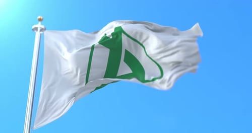 Realistic Waving Flag with Green Abstract Mountain Symbol