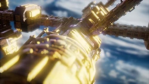 Futuristic Space Station Orbiting Earth with Bright Engine Glow