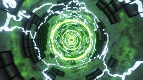 Abstrakter Hintergrund Techno Sci-Fi-Tunnelstraße im Weltraum mit weißen Blitzen und Neonringen