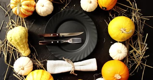 Harvest Table Setting with Gourds Overhead