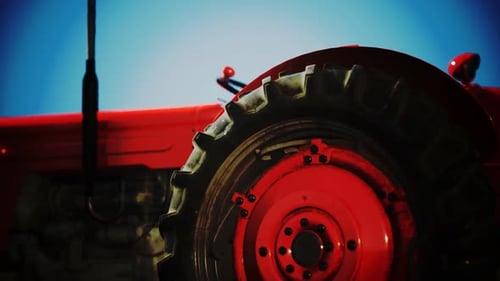 Detailed 3D Animation of a Red Tractor on Blue Sky