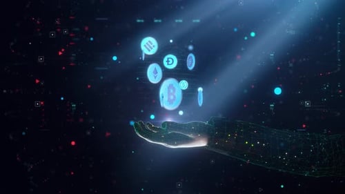 Digitale Tech-Handpräsentation Mehrere Krypto-Symb