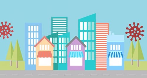Covid-19 cells maintaining social distance against colorful houses